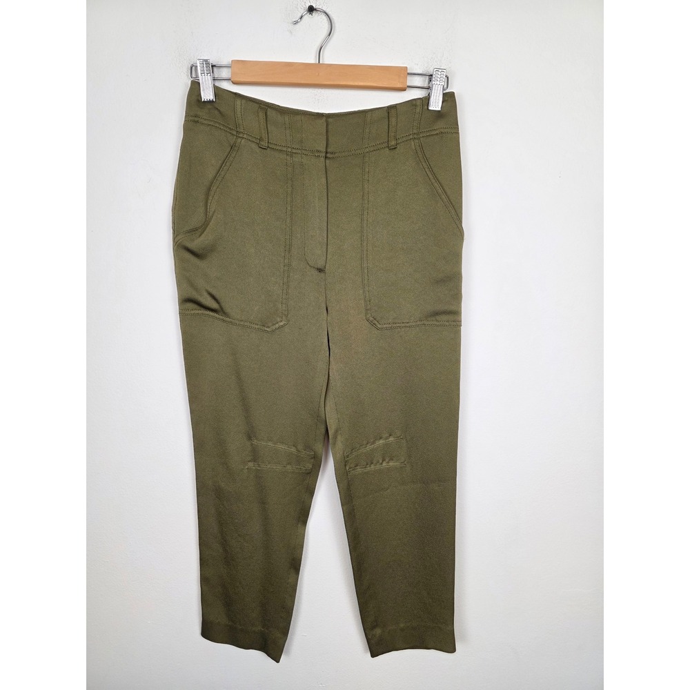Veronica Beard Miranda Satin Olive Green Trousers Cropped Pants Size 0 High Rise